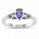 Sterling Silver Rhodium Plated Heart Amethyst Cz Baby Ring with Ring Face Height of 7MM