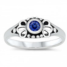 Load image into Gallery viewer, Sterling Silver Rhodium Plated Round-Cut Blue Sapphire Cz Beads and Flower Shape Design Split Band Baby Ring with Ring Face Height of 5MM and Ring Band Width of 2MM