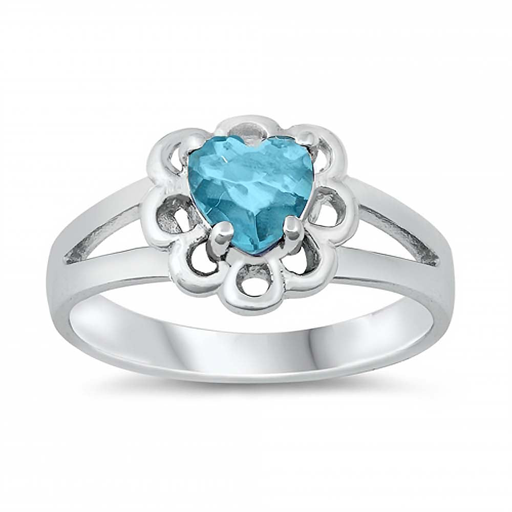 Sterling Silver Rhodium Plated Prong-Set Heart-Cut Aquamarine Cz Split Band Baby Ring with Ring Face Height of 8MM
