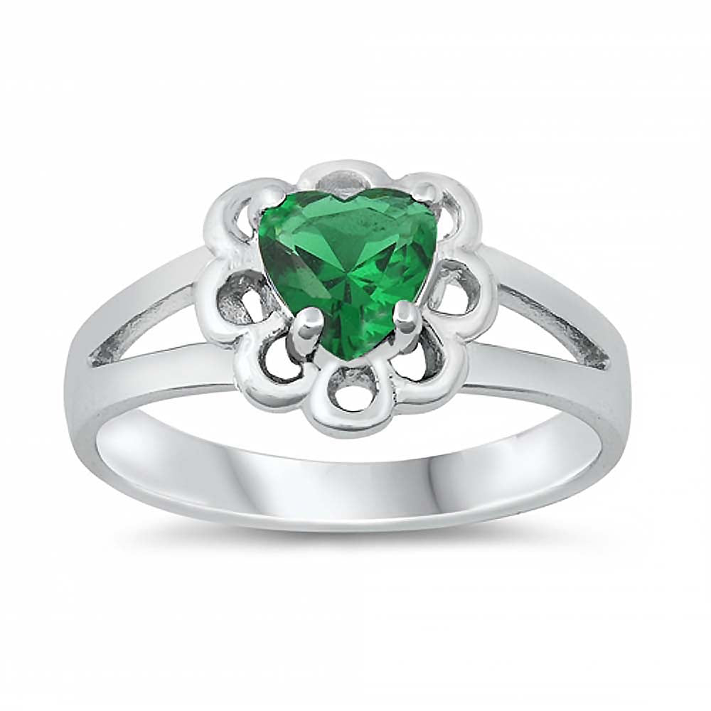 Sterling Silver Rhodium Plated Prong-Set Heart-Cut Emerald Cz Split Band Baby Ring with Ring Face Height of 8MM