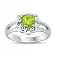 Load image into Gallery viewer, Sterling Silver Rhodium Plated Prong-Set Heart-Cut Peridot Cz Split Band baby Ring with Ring Face Height of 8MM