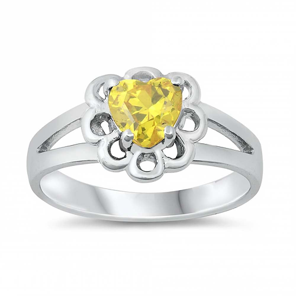 Sterling Silver Rhodium Plated Prong-Set Heart Yellow Cz Split Band Baby Ring with Ring Face Height of 8MM
