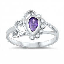 Load image into Gallery viewer, Sterling Silver Rhodium Plated Pearshape-Cut Amethyst Cz Swirl and Bead Design Split Band Baby Ring with Ring Face Height of 10MM