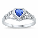 Sterling Silver Rhodium Plated Heart-Cut Blue Sapphire Cz and Swirl Design Baby Ring with Ring Face Height of 7MM and Ring Band Width of 2MM