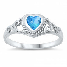 Load image into Gallery viewer, Sterling Silver Rhodium Plated Heart-Cut Blue Topaz Cz and Swirl Design Baby Ring with Ring Face Height of 7MM and Ring Band Width of 2MM