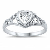 Sterling Silver Rhodium Plated Heart-Cut Clear Cz and Swirl Design Baby Ring with Ring Face Height of 7MM and Ring Band Width of 2MM