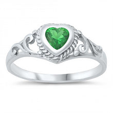 Load image into Gallery viewer, Sterling Silver Rhodium Plated Heart-Cut Emerald Cz and Swirl Design Baby Ring with Ring Face Height of 7MM and Ring Band Width of 2MM