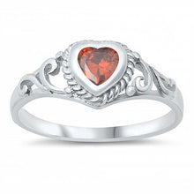 Load image into Gallery viewer, Sterling Silver Rhodium Plated Heart-Cut Garnet Cz and Swirl Design Baby Ring with Ring Face Height of 7MM and Ring Band Width of 2MM