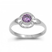 Load image into Gallery viewer, Sterling Silver Rhodium Plated Round-Cut Amethyst Cz Baby Ring with Ring Face Height of 8MM and Ring Band Width of 2MM