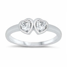 Load image into Gallery viewer, Sterling Silver Rhodium Plated Two Clear Cz Heart Baby Ring with Ring Face Height of 4MM and Ring Band Width of 2MM