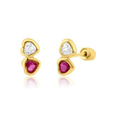 14K Yellow Gold Red and White Heart Screw Back Earrings