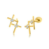 14K Yellow Gold Two Cross CZ Screw Back Earrings