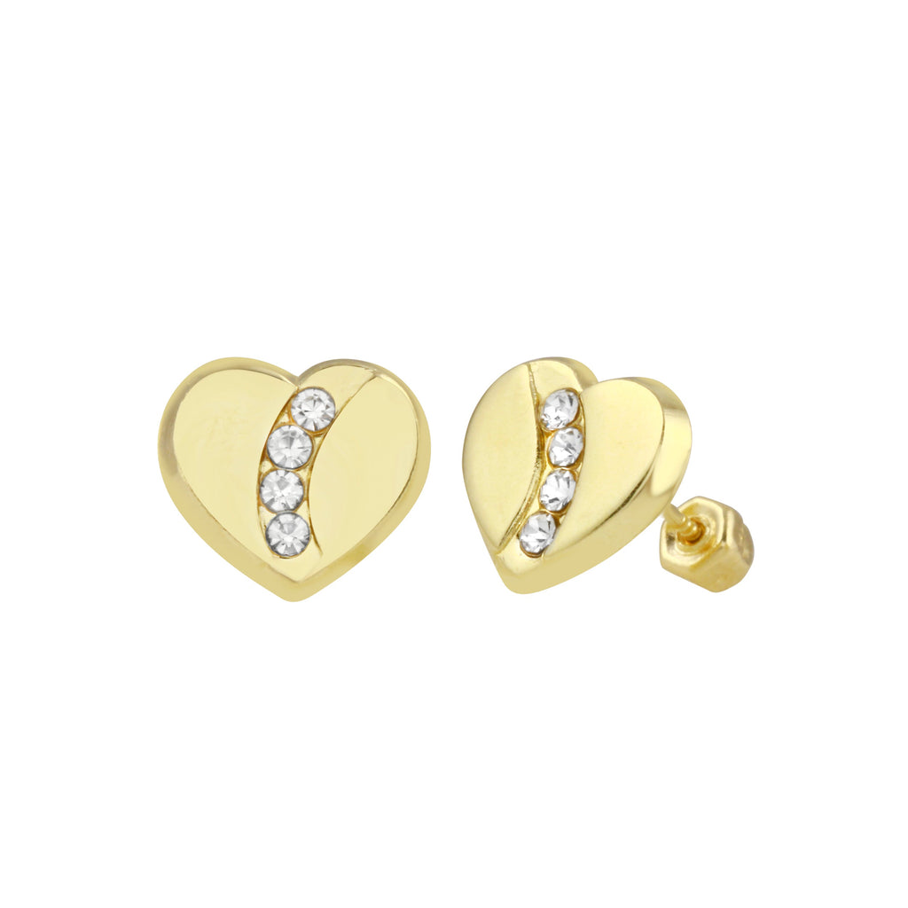 14K Yellow Gold Heart CZ Stud Screw Back Earrings