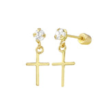 14K Yellow Gold Cross Hanging Screw Back Earrings