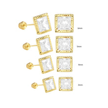 Load image into Gallery viewer, 14K Yellow Gold Square Diamond Cut Bezel CZ Stud Screw Back Earrings