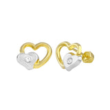 14K Yellow Gold Heart With Heart Stud Screw Back Earrings