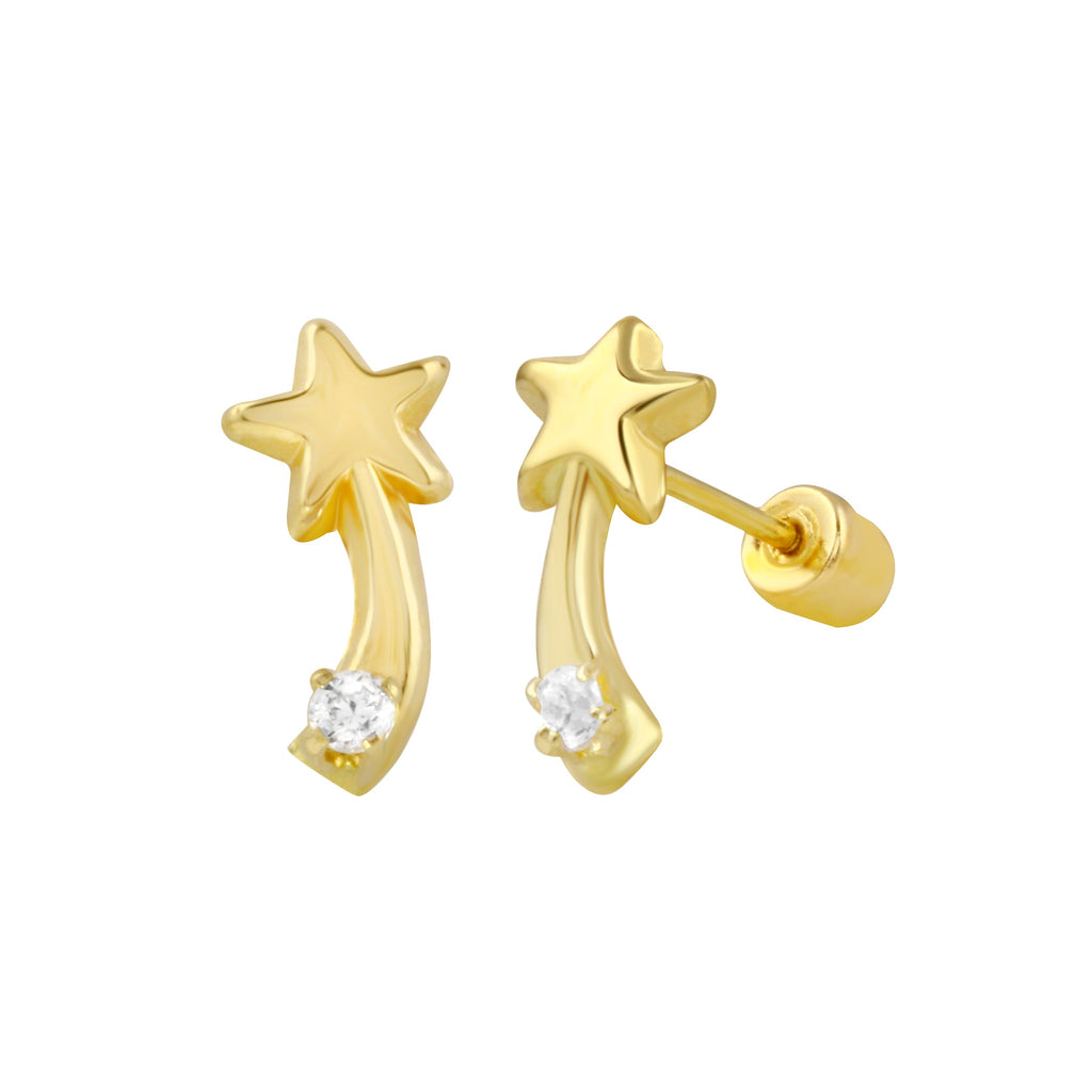 14K Yellow Gold Shooting Star Stud Screw Back Earrings