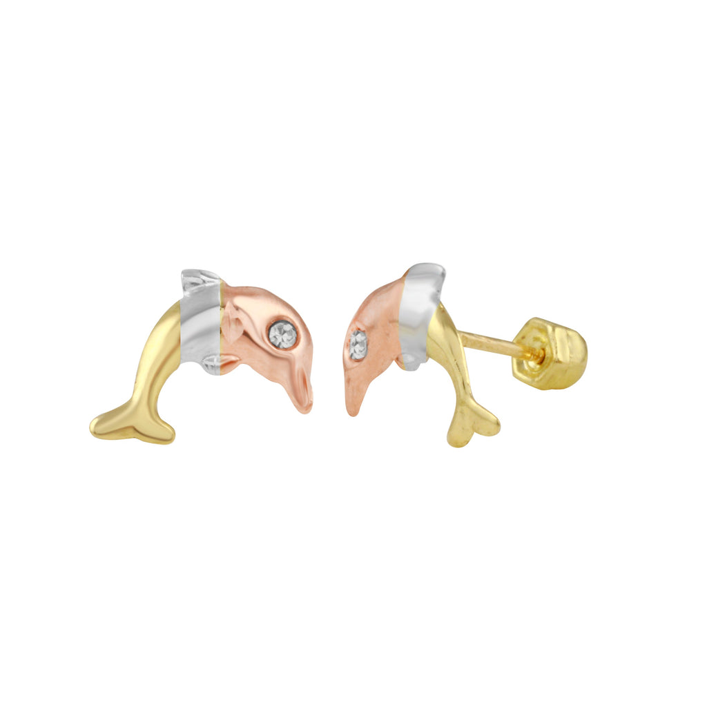 14K Tricolor Gold Medium Dolphin Stud Screw Back Earrings