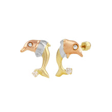 Load image into Gallery viewer, 14K Tricolor Gold Dolphin Stud Screw Back Earrings