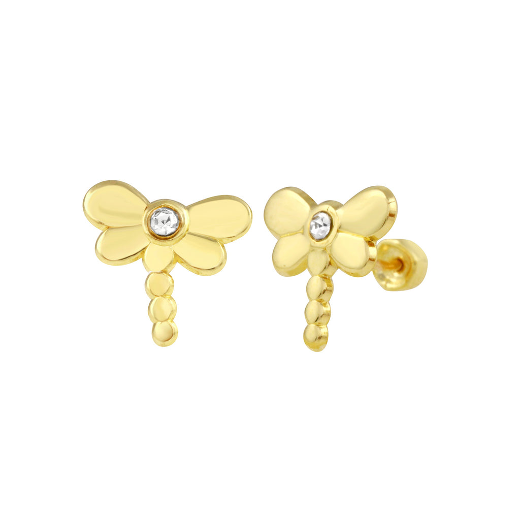 14K Yellow Gold Paper Dragonfly Stud Screw Back Earrings