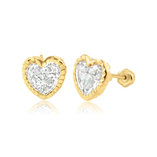 14K Yellow Gold SM Clear Diamond Cut Heart Screw Back Earrings-4mm