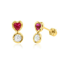 Load image into Gallery viewer, 14K Yellow Gold Ruby Heart and CZ Earrings