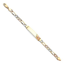 Load image into Gallery viewer, 14K Tri Color Gold DC Figaro Link Flower ID Bracelet