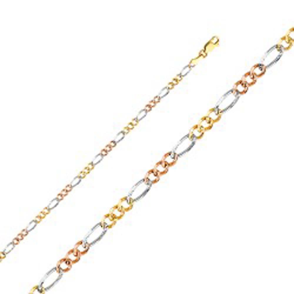 14K Gold with Tri Color 3.7mm Lobster Figaro 3? Concave Regular Link Chain With Spring Clasp Closure - silverdepot