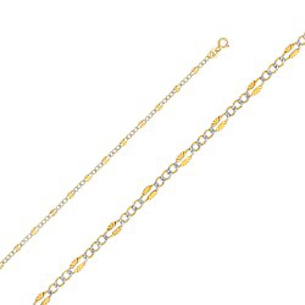 14K Yellow Gold with Tri Color 3.2mm Lobster Stamped Figaro 3? WP Chain With Spring Clasp Closure
