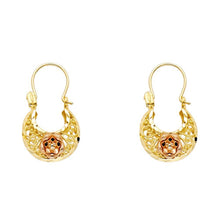 Load image into Gallery viewer, 14k Two Tone Gold 12mm Polished Crescent Star Filigree Hoop Earrings
