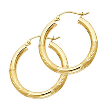 Load image into Gallery viewer, 14K Yellow Gold 3mm Medium High Polished And Satin Diamond Cut Latch And Hinge-Notch Post Backing Hoop Earrings