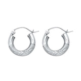 14K White Gold 3mm Petite High Polished And Satin Diamond Cut Latch And Hinge-Notch Post Backing Hoop Earrings