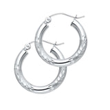 14K White Gold 3mm Small High Polished And Satin Diamond Cut Latch And Hinge-Notch Post Backing Hoop Earrings