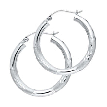 Load image into Gallery viewer, 14K White Gold 3mm Medium High Polished And Satin Diamond Cut Latch And Hinge-Notch Post Backing Hoop Earrings