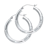 14K White Gold 3mm Medium High Polished And Satin Diamond Cut Latch And Hinge-Notch Post Backing Hoop Earrings