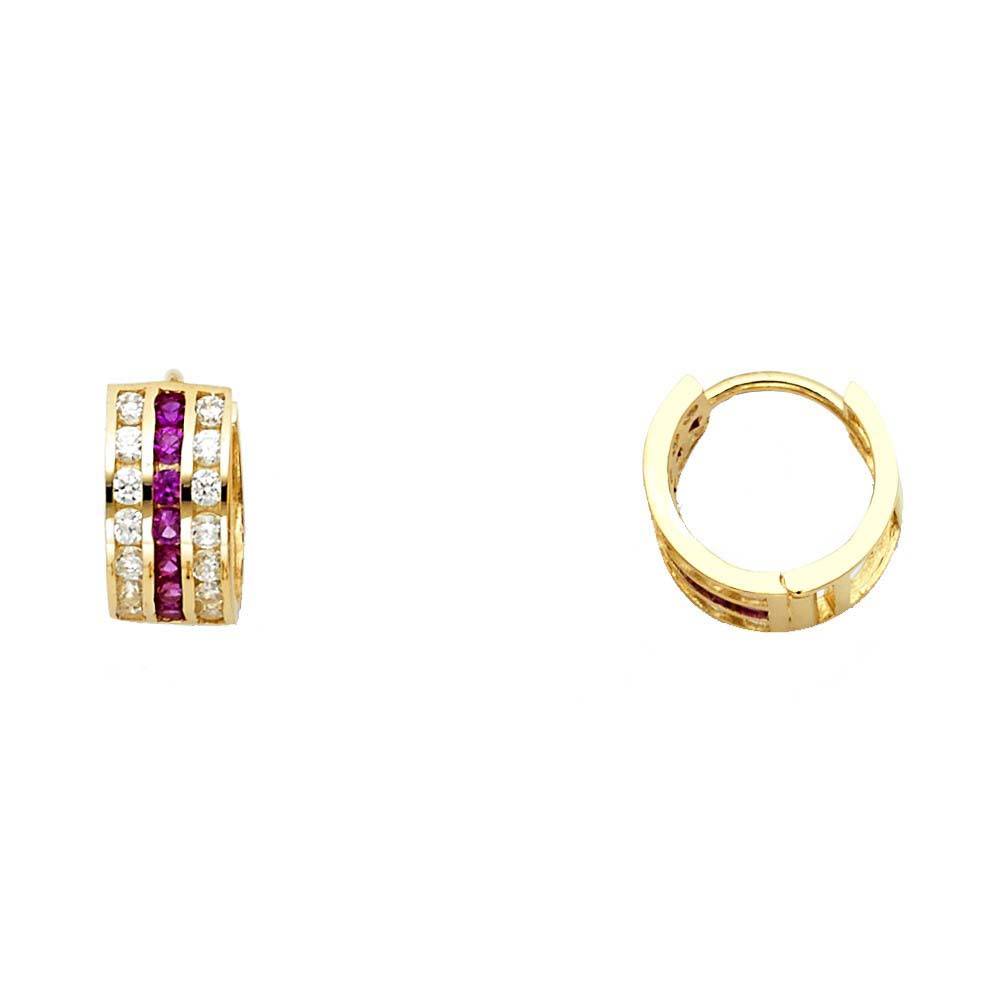 14K Yellow Gold 5mm Red And Clear CZ Huggies Earrings