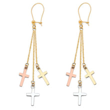 Load image into Gallery viewer, 14K Tri Color 3 Cross Hanging Earrings