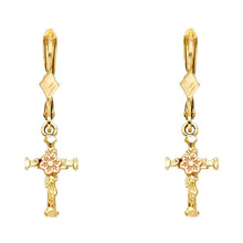 Load image into Gallery viewer, 14K Two Tone Gold Hanging Cross Earrings