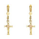 14K Two Tone Gold Hanging Cross Earrings