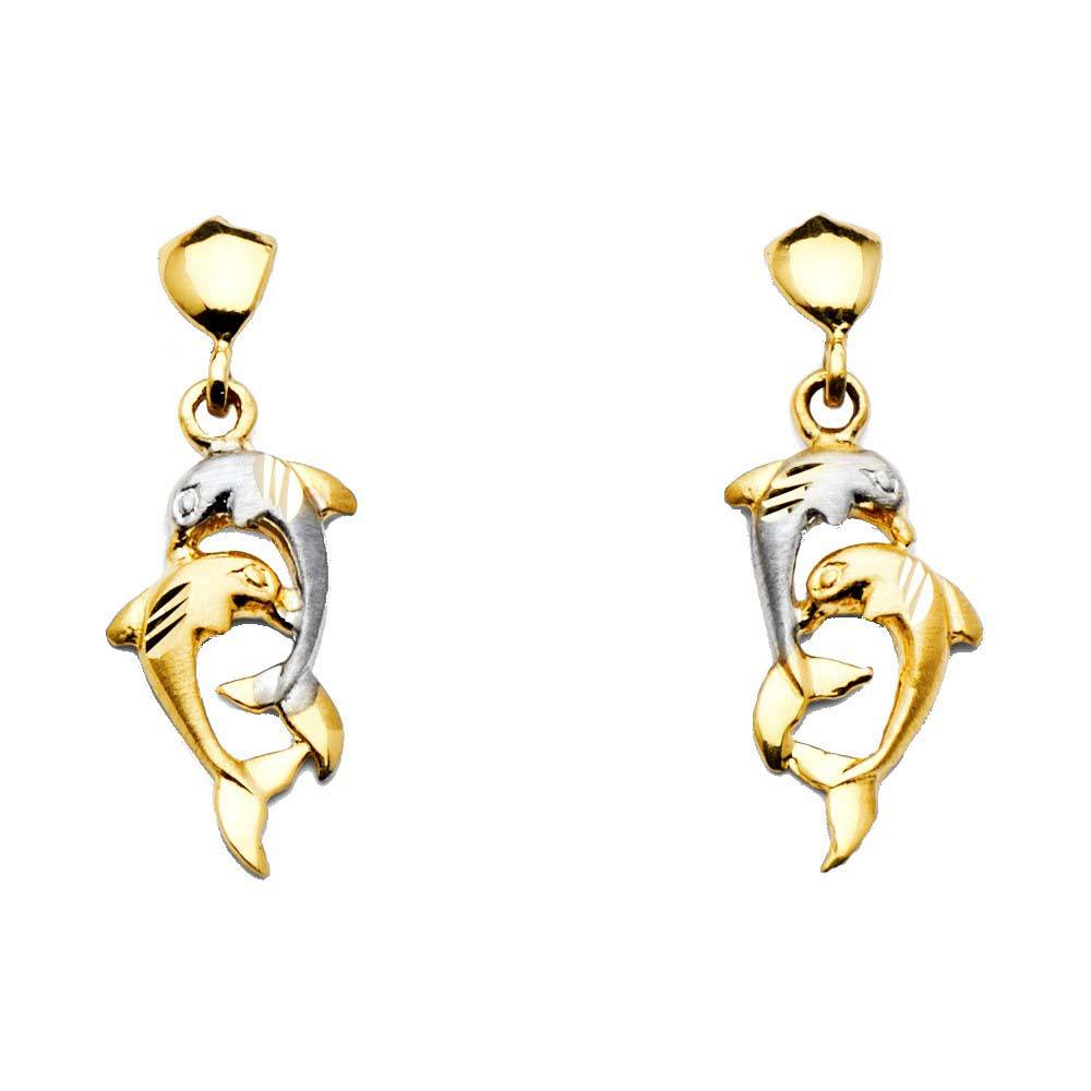 14K Two Tone Gold 8mm Hanging Dolphin Post Earrings