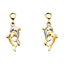 Load image into Gallery viewer, 14K Two Tone Gold 8mm Hanging Dolphin Post Earrings