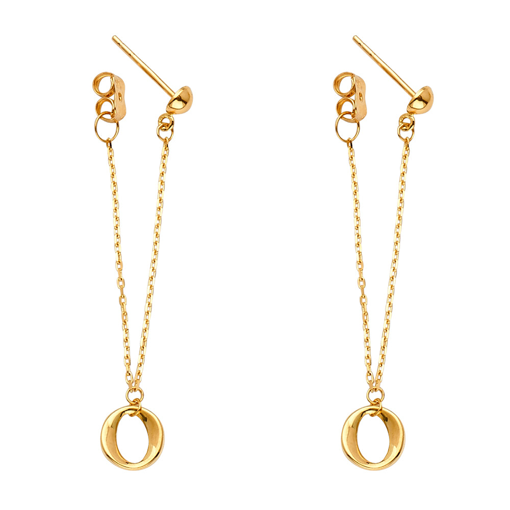 14K Yellow Gold Round Screw Back Hanging Earrings