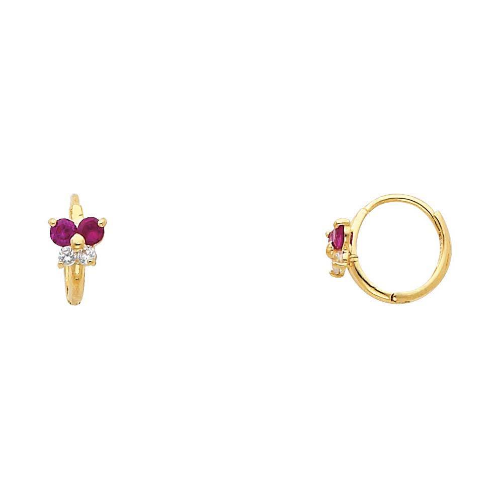 14k Yellow Gold Polished Prong Set Butterfly Purple And Clear CZ Huggie Earrings With Hinge Backing