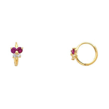 Load image into Gallery viewer, 14k Yellow Gold Polished Prong Set Butterfly Purple And Clear CZ Huggie Earrings With Hinge Backing
