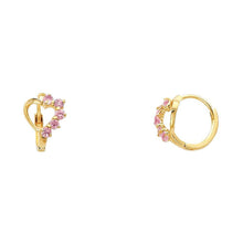 Load image into Gallery viewer, 14k Yellow Gold Polished Prong Set Heart Pink CZ Huggie Earrings With Hinge Backing
