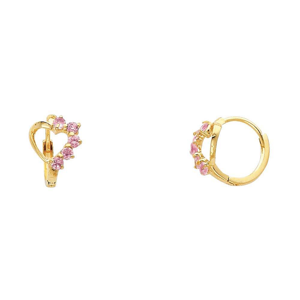 14k Yellow Gold Polished Prong Set Heart Pink CZ Huggie Earrings With Hinge Backing