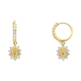 14k Yellow Gold Hanging Our Lady Of Guadlupe CZ Huggies Earrings