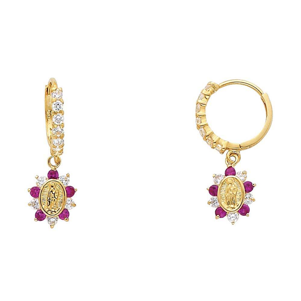 14k Yellow Gold Hanging Our Lady Of Guadlupe Ruby And Clear CZ Huggies Earrings