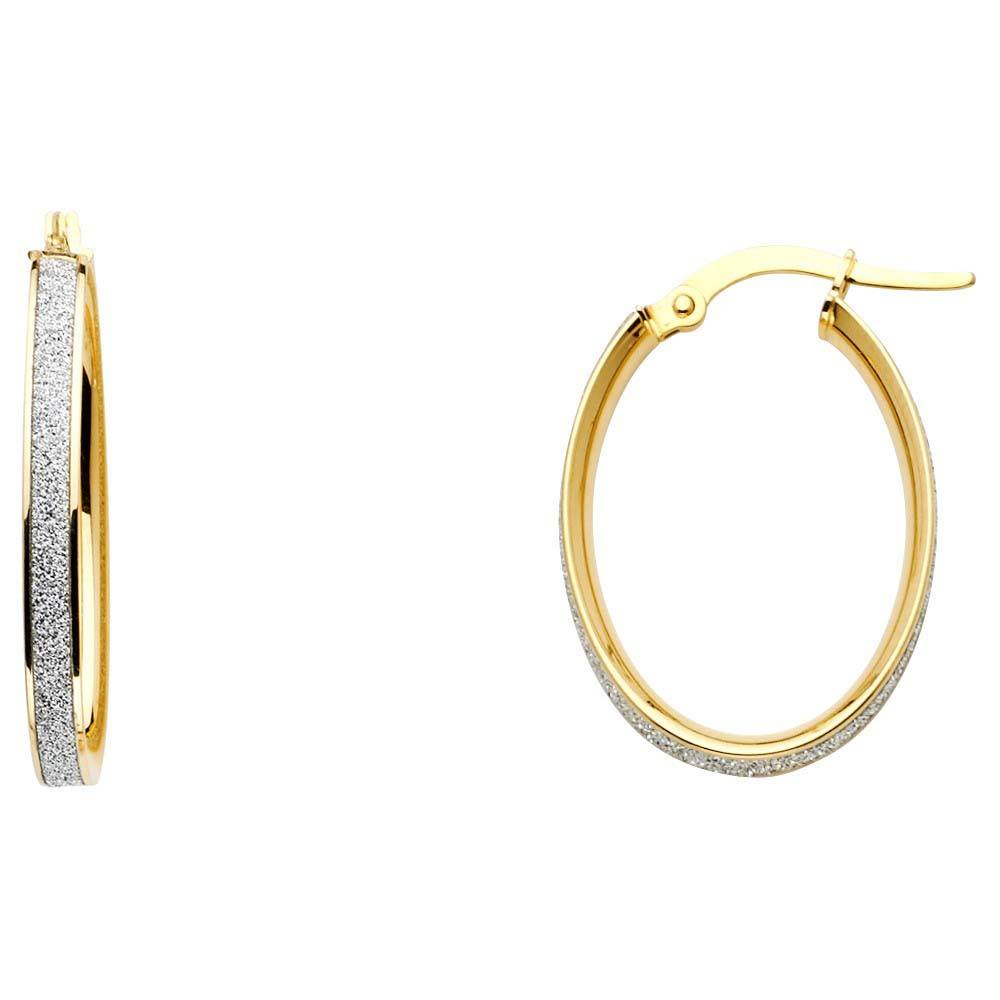 14K Two Tone Gold 4mm Shimmer Satin And Polished Small Oval Sparkling Center Latch And Hinge-Notch Post Backing Medium Hoop Earrings