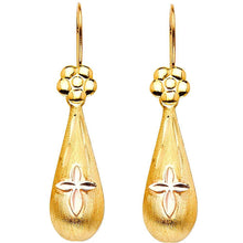Load image into Gallery viewer, 14k Two Tone Gold 9mm Hollow Flower Teardrop Hanging Earrings